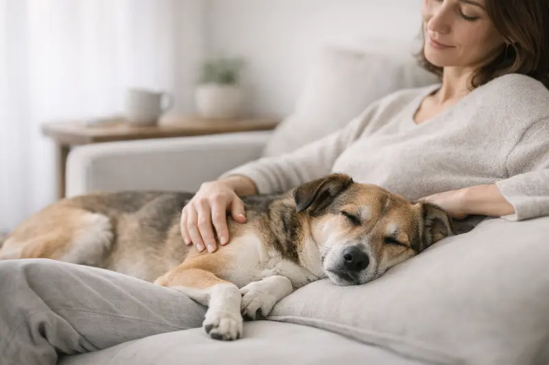 Ein entspannter Hund liegt komfortabel in einem hellen Zimmer und strahlt Ruhe und Sicherheit aus.