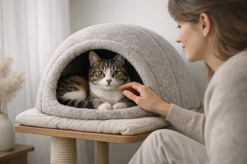 Eine entspannte Katze in einem gemütlichen Höhlenbett, das ein Gefühl von Sicherheit und Geborgenheit vermittelt.
