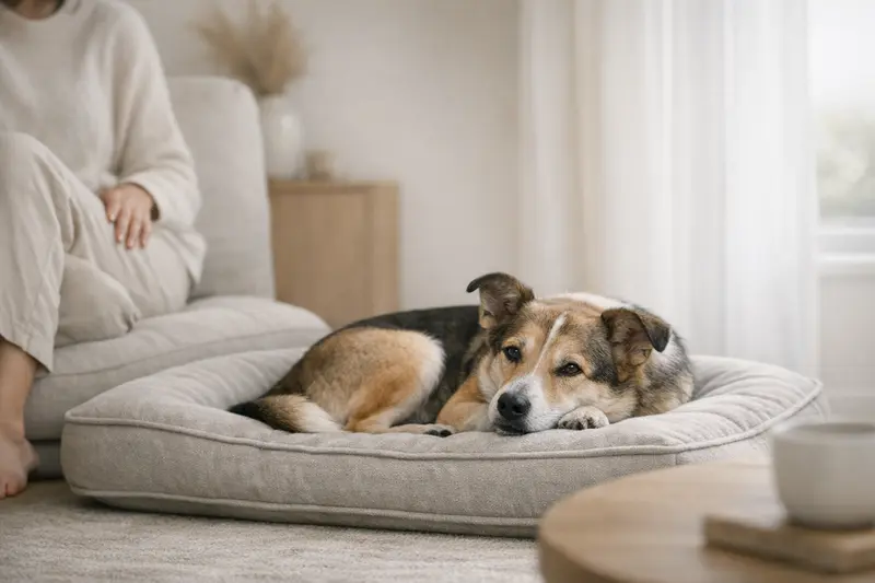 Ein entspannter Hund liegt bequem auf seinem Platz und zeigt, dass Alleinsein Ruhe bringen kann.