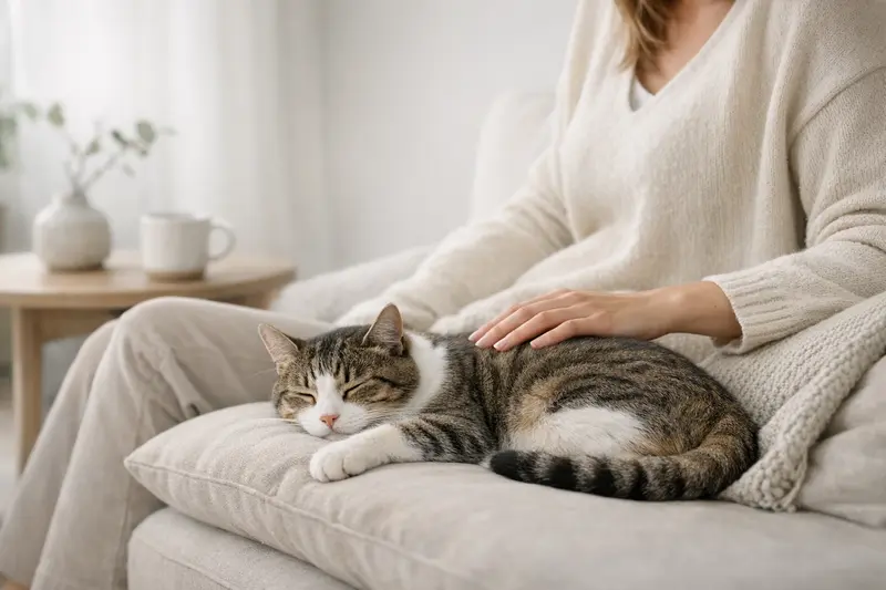 Eine entspannte Katze schläft auf einem gemütlichen Sofa in einem beruhigenden Wohnraum, der Sicherheit ausstrahlt.