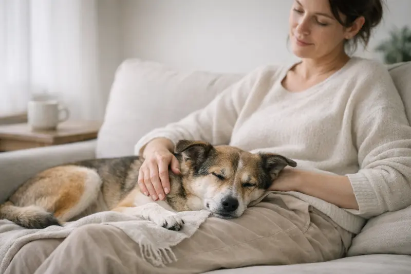 Ein entspannter Hund liegt auf einem weichen Teppich und genießt die Ruhe in seinem Zuhause.