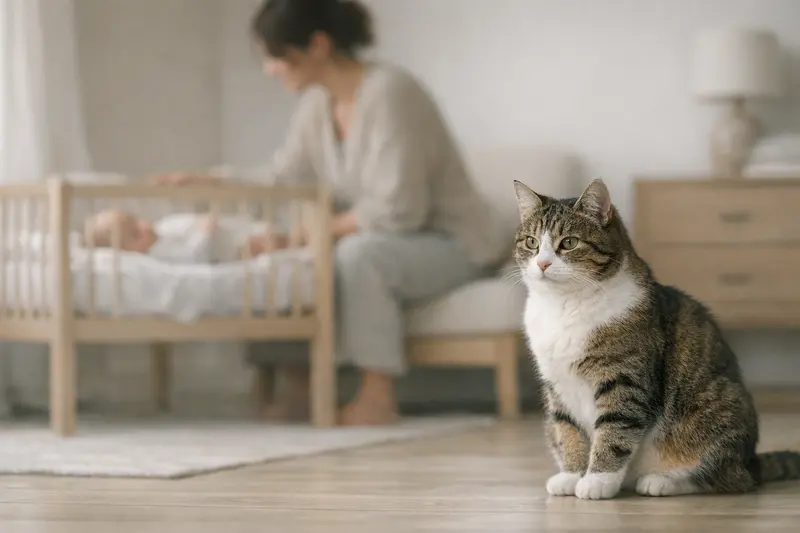 Eine Katze in sicherem Abstand zu einem Baby-Setup, welches Sicherheit und Familienalltag verdeutlicht.