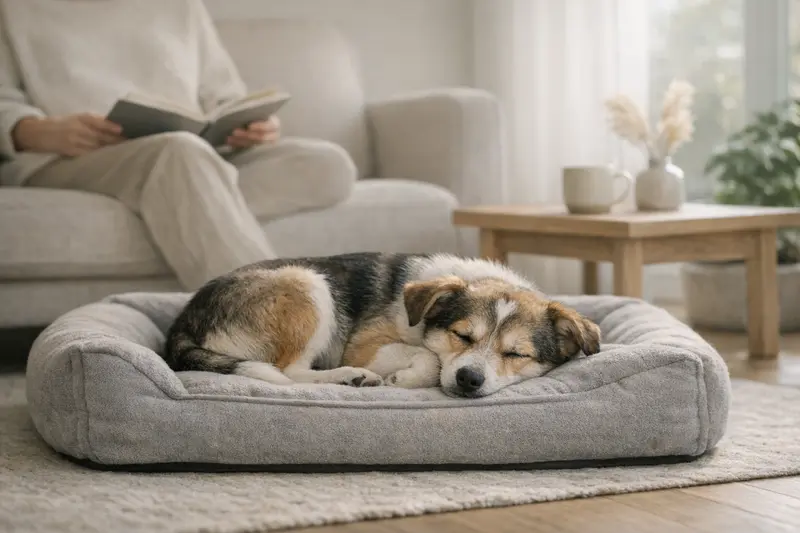 Ein süßer Welpe schläft entspannt auf seinem Liegeplatz im Wohnzimmer.