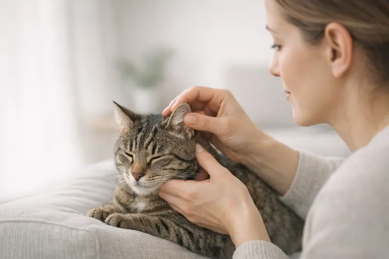 Eine sanfte Hand überprüft das Ohr einer entspannten Katze, um ihre Gesundheit zu sichern.