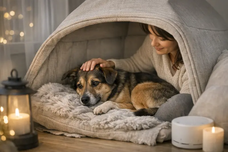 Ein ruhiger Hund in einem sicheren Rückzugsbereich während der Silvesternacht, umgeben von besinnlichem Ambiente.