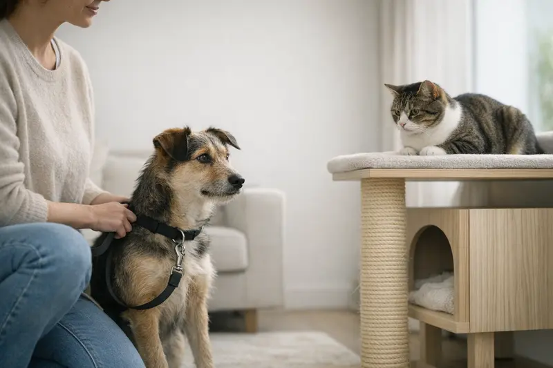 Ein Hund an der Leine trifft auf eine Katze, die auf einer erhöhten Fläche sitzt.