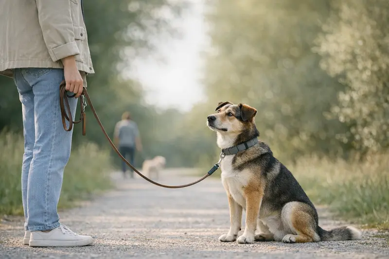 Ein ruhiger Hund, der an der Leine spazieren geht, während sein Besitzer aufmerksam bleibt.