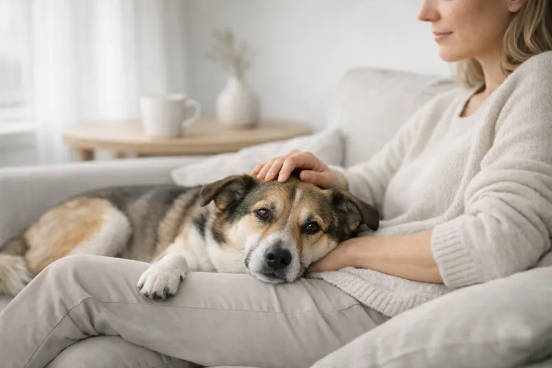 Ein ruhiger Hund liegt entspannt auf dem Boden und vermittelt ein Gefühl von Sicherheit.