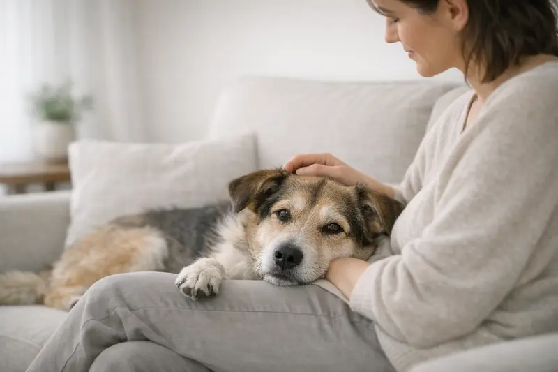 Ein entspannter Hund liegt in seiner vertrauten Umgebung und strahlt Ruhe aus.