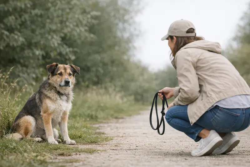 Ein Hund wird vorsichtig an der Leine geführt, um die Sicherheit zu gewährleisten, während er sich in einer neuen Umgebung befindet.
