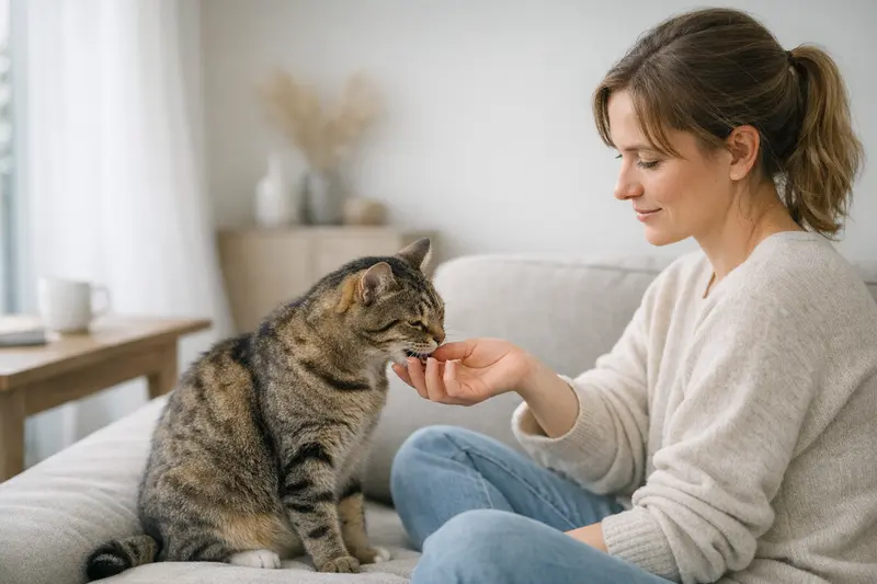 Eine entspannte Katze liegt neben ihrem Halter und genießt eine ruhige Alltagsszene, die das Thema Beißverhalten in einem positiven Licht darstellt.