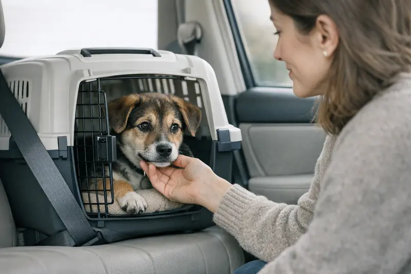 Ein süßer Welpe sitzt sicher in seiner Transportbox und genießt die ruhige Umgebung.