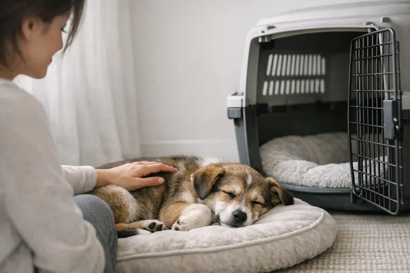 Ein Welpe liegt sicher und entspannt in der Nähe seiner Hundebox, was ein Gefühl von Geborgenheit vermittelt.