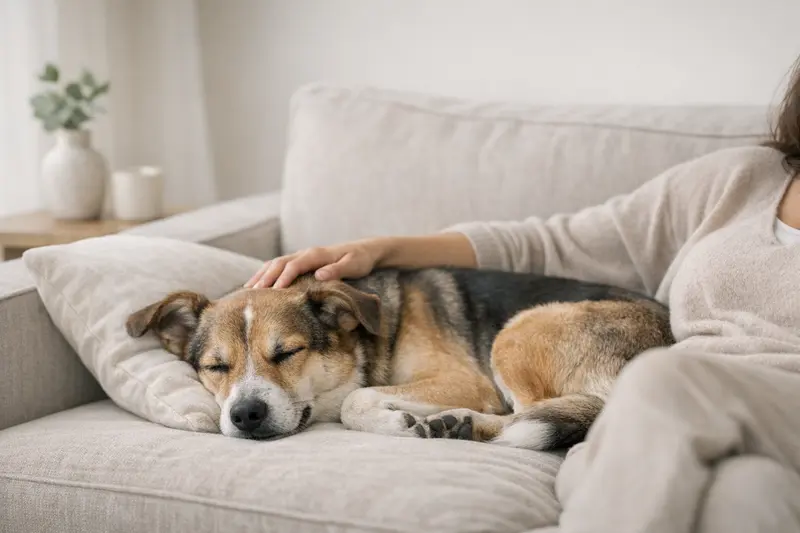 Ein schlafender Hund, gebettet in einer sicheren Umgebung, vermittelt ein Gefühl von Ruhe und Vertrauen.
