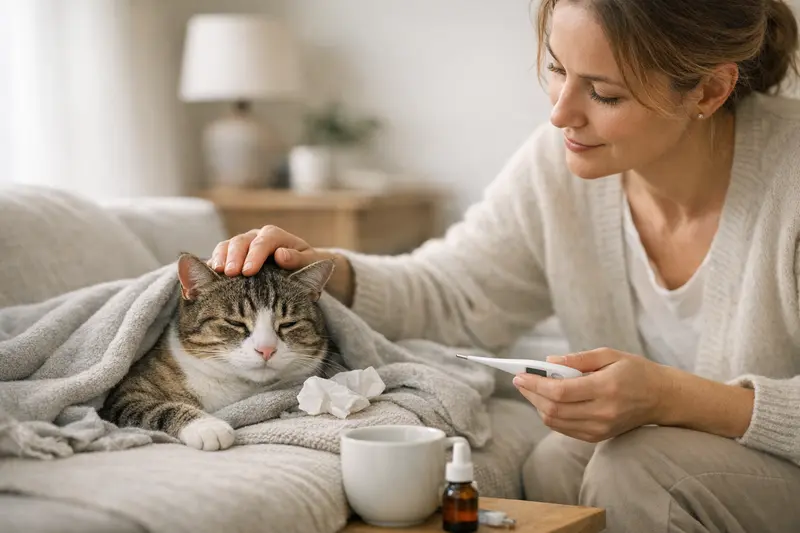 Eine Katze entspannt sich in einer warmen, häuslichen Umgebung und zeigt Anzeichen einer milden Erkältung.
