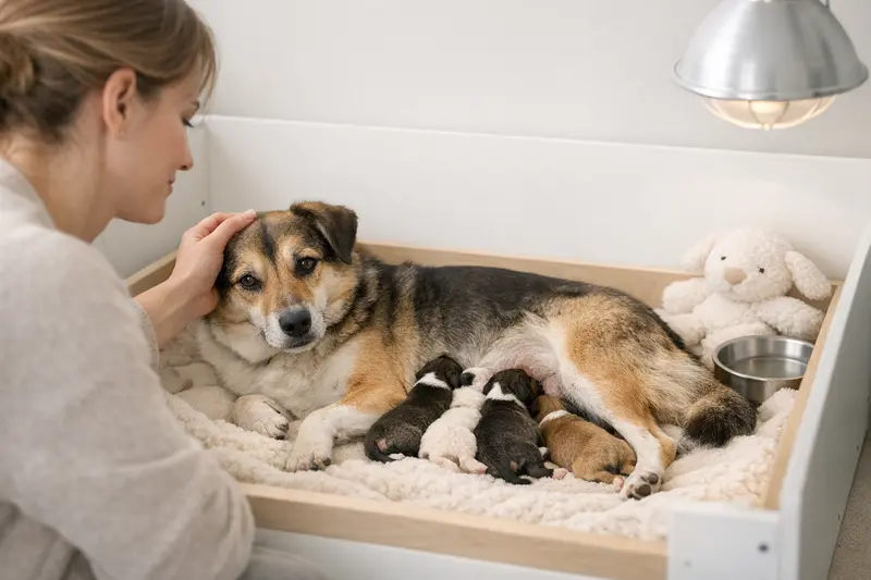 Ein sicherer und hygienischer Bereich für Hundewelpen in einer Wurfkiste mit gemütlicher Ausstattung.