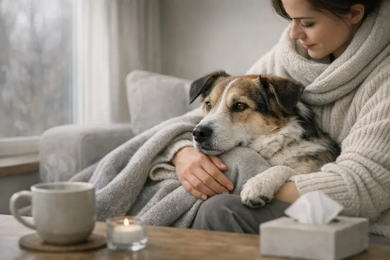 Ein ruhiger Hund in einem komfortablen Innenraum, der die Atmosphäre des Herbstes und Winters vermittelt.