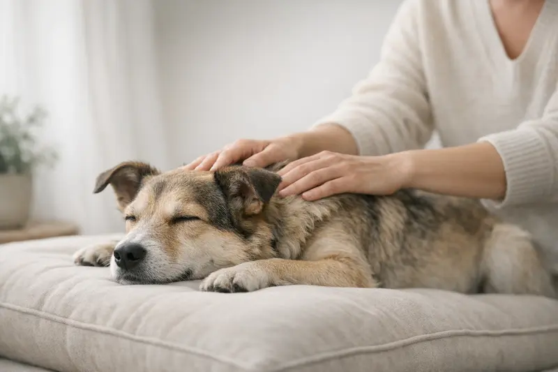 Eine entspannte Katze genießt eine beruhigende Massage, eingebettet in einer ruhigen Umgebung.