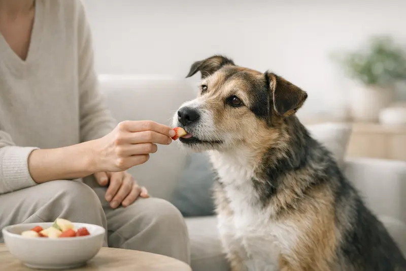 Ein gesunder Hund genießt einen kleinen Obstsnack, der zeigt, dass Maß und Kontrolle bei der Fütterung wichtig sind.