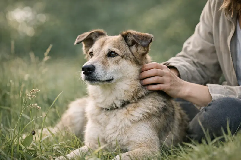 Ein ruhiger Hund im Grünen, der in der warmen Sonne sitzt und auf seine Umgebung achtet, symbolisiert die Vorsorge gegen Zecken.