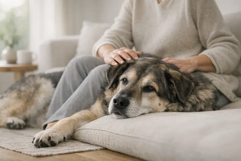 Ein großer, ruhiger Hund liegt gemütlich auf dem Boden und genießt die Ruhe in seiner vertrauten Umgebung.