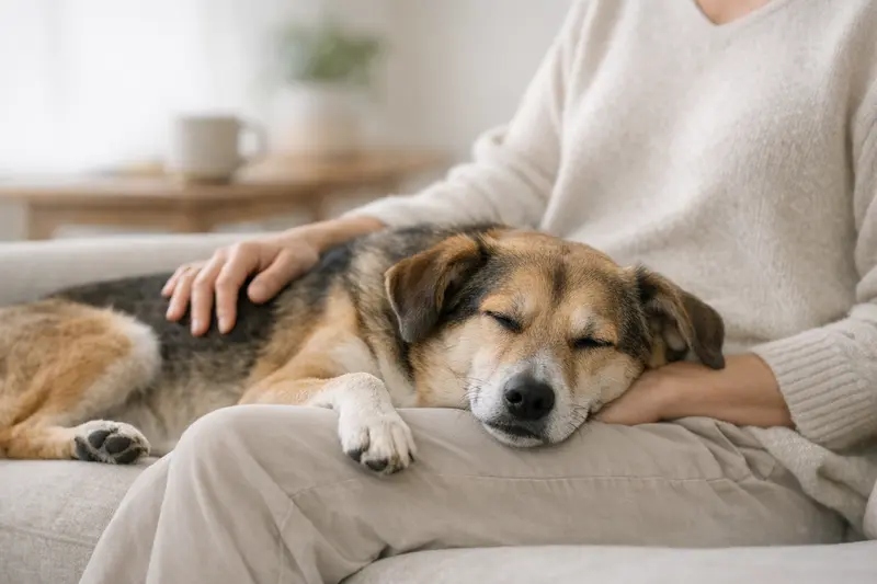 Ein entspannter Hund liegt in einer ruhigen Position und strahlt Gelassenheit aus.