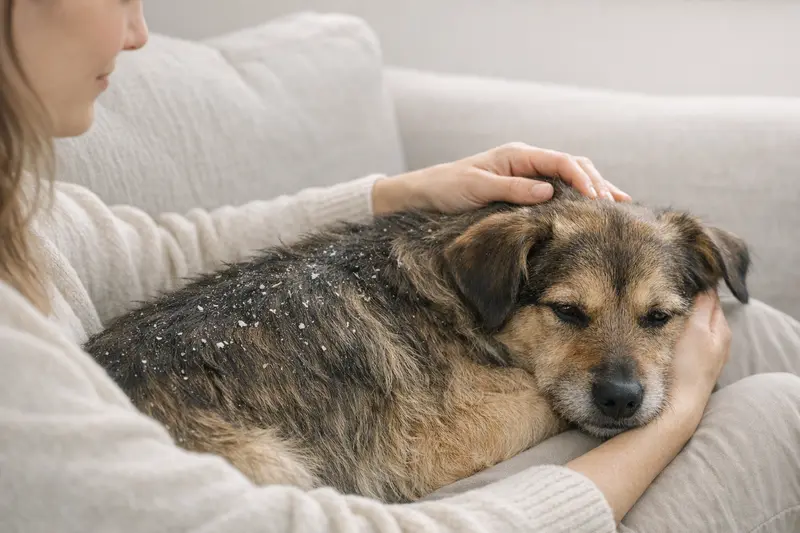Ein entspannter Hund mit gesundem Fell untersucht die Haut, um Schuppen zu vermeiden.