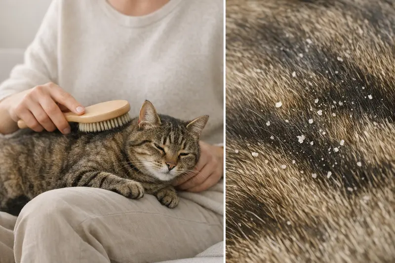 Eine entspannte Katze wird sanft gebürstet, während sie fröhlich in die Kamera blickt.