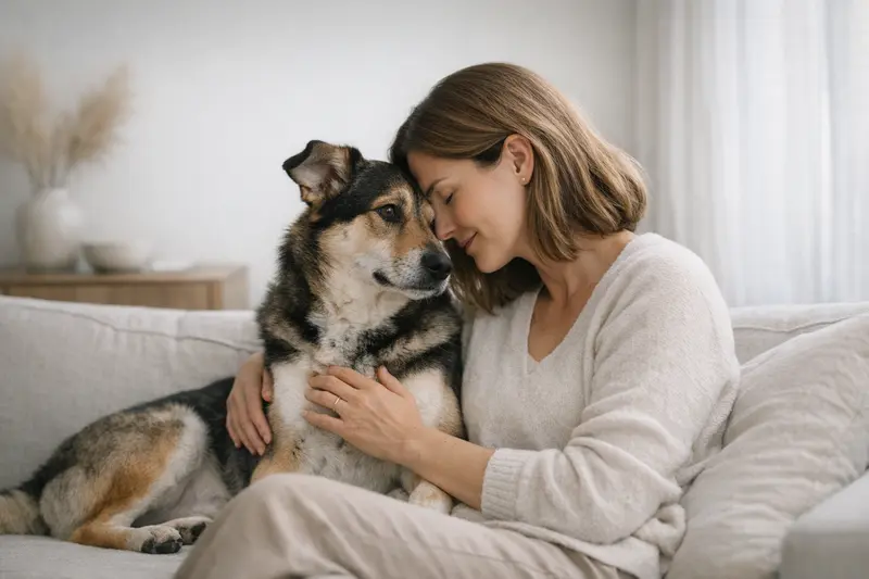 Ein Mensch kniet neben seinem Hund und streichelt ihn, was die enge Beziehung zwischen Tier und Halter zeigt.