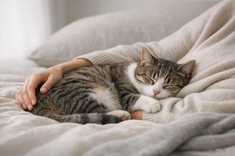 Eine schlafende Katze auf einem gemütlichen Sofa, die Geborgenheit und Sicherheit ausstrahlt.