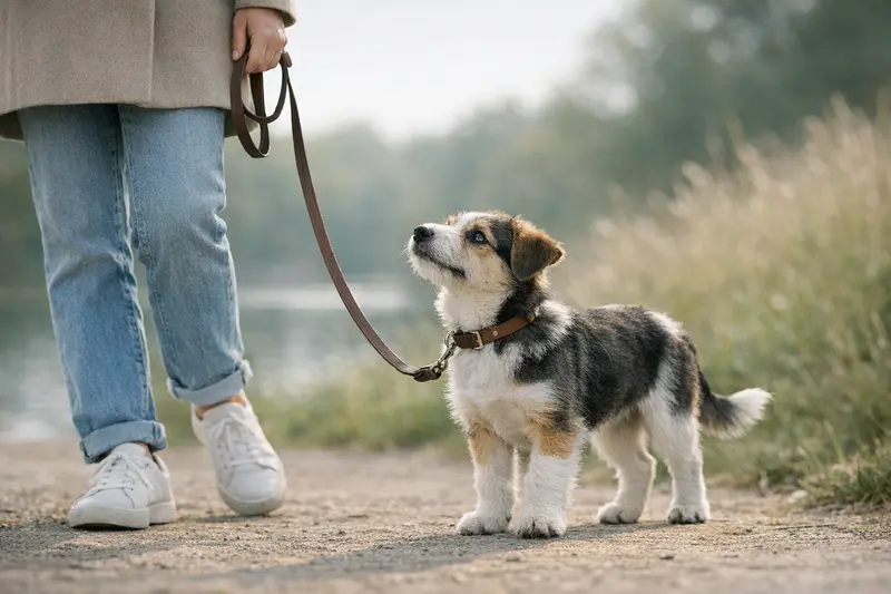 Ein ruhiger Welpe sitzt an der Leine und genießt einen Spaziergang im Freien, was Vertrauen und Alltagstauglichkeit vermittelt.