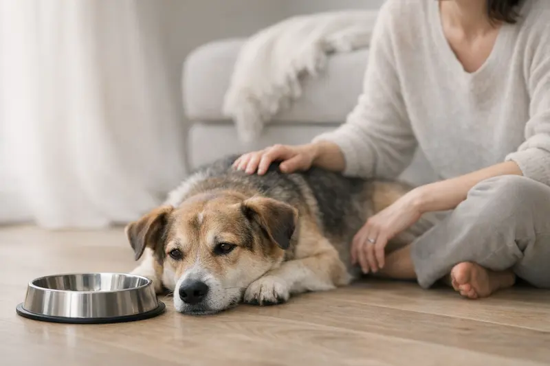 Ein ruhiger Hund sitzt neben seinem Napf, zeigt Desinteresse am Futter.
