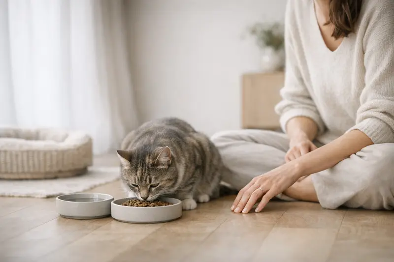 Eine ruhige Katze sitzt entspannt an ihrem sicheren Futterplatz in einer vertrauten Umgebung.