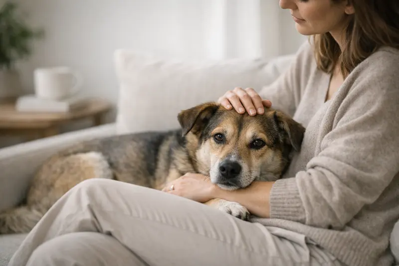 Ein ruhiger Hund liegt entspannt in einer häuslichen Umgebung und vermittelt Vertrauen.