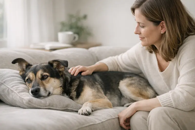Ein entspannter Hund beobachtet seine Umgebung in einem heimischen Wohnzimmer.
