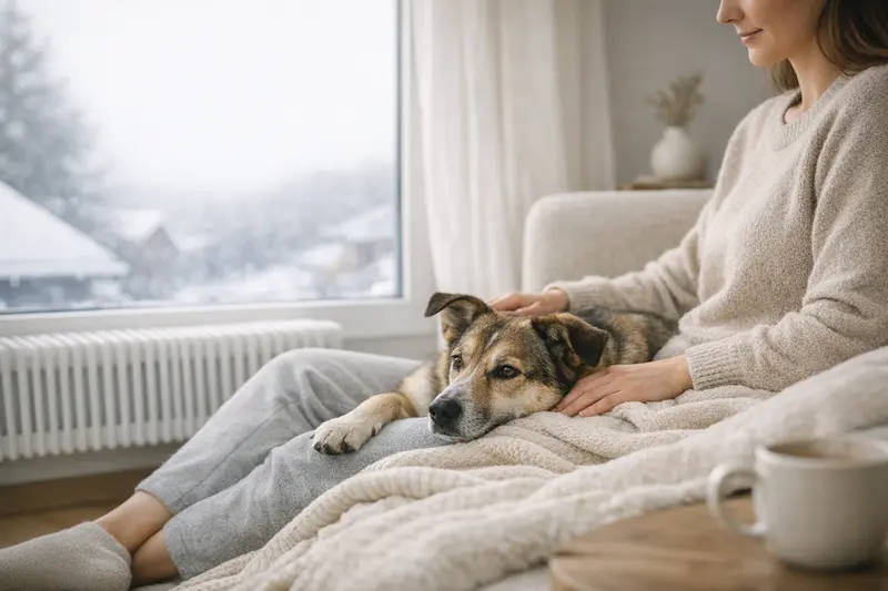 Ein entspannter Hund liegt in einem gemütlichen Wohnzimmer, umgeben von winterlicher Atmosphäre und einer Heizung.