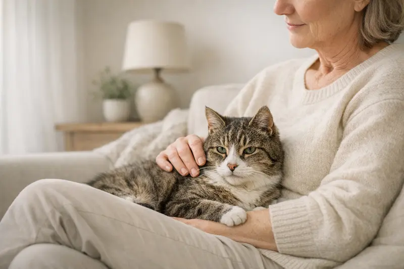 Eine ältere, entspannte Katze in ihrem vertrauten Zuhause.
