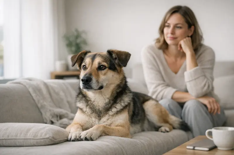 Ein entspannter Hund liegt in einem gemütlichen Wohnbereich und beobachtet seine Umgebung.