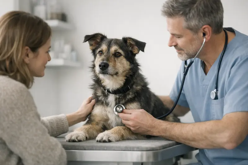 Ein vertrauensvoller Hund in einer ruhigen Umgebung beim Tierarzt während eines Check-ups.