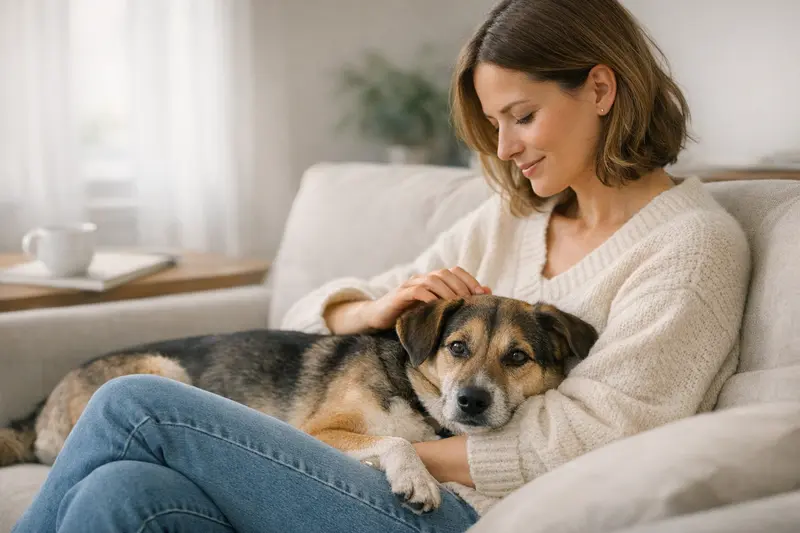 Ein entspannter Hund und sein Halter genießen einen ruhigen Moment im Alltag.