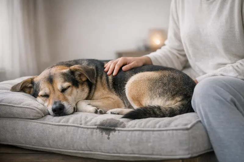 Ein entspannter Hund schläft friedlich auf seinem Liegeplatz, was das Vertrauen in die Tiergesundheit unterstreicht.