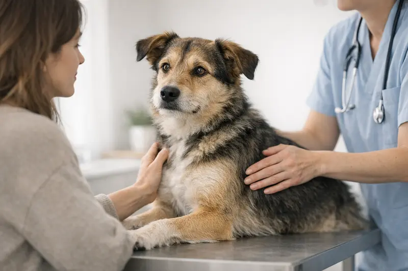 Ein seriöser Tierarzt führt eine sanfte manuelle Untersuchung an einem Hund durch.