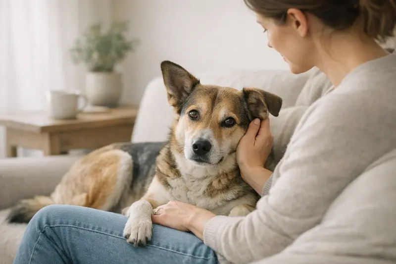 Ein ruhiger Hund sitzt entspannt auf einem Teppich und genießt die schöne Alltagsatmosphäre.