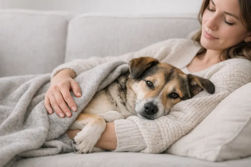 Ein ruhiger Hund, eingekuschelt in einer vertrauten Umgebung, vermittelt ein Gefühl von Sicherheit und Geborgenheit.
