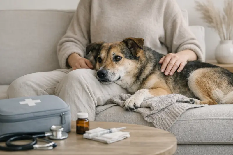 Ein beruhigter Hund in einer sicheren Umgebung, der zeigt, wie wichtig Tiergesundheit ist.