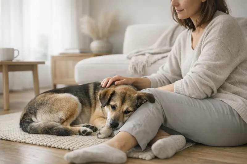 Ein ruhiger Hund in zurückgezogener Haltung in einem gemütlichen Wohnzimmer, der auf seine Gesundheit achtet.