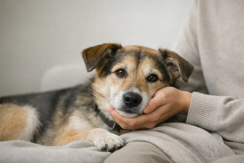 Ein entspannter Hund mit der Hand seines Halters auf einem neutralen Hintergrund, der Sicherheit und Vertrauen symbolisiert.