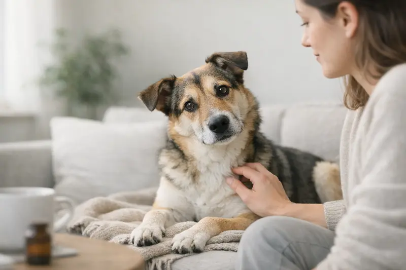 Ein Hund mit leicht geneigtem Kopf in einer sicheren Umgebung, vermittelt ein Gefühl von Ruhe und Vertrauen.