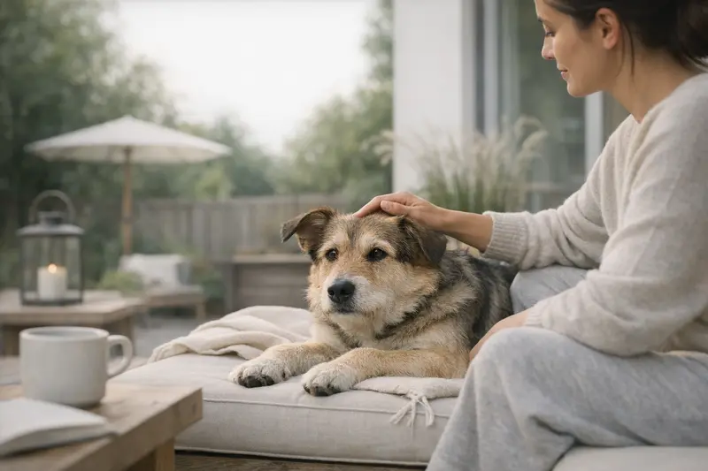 Ein entspannter Hund sitzt auf der Terrasse und genießt die Ruhe in einem häuslichen Ambiente.