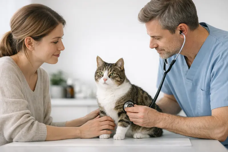 Eine ruhige Katze wird beim Tierarzt untersucht, um sicherzustellen, dass sie gesund ist.